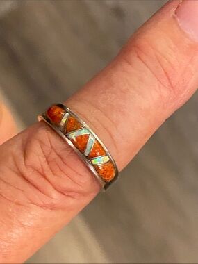 Vintage Zuni MD Sterling Silver Coral & Opal Inlay Ring Size 7.75–8